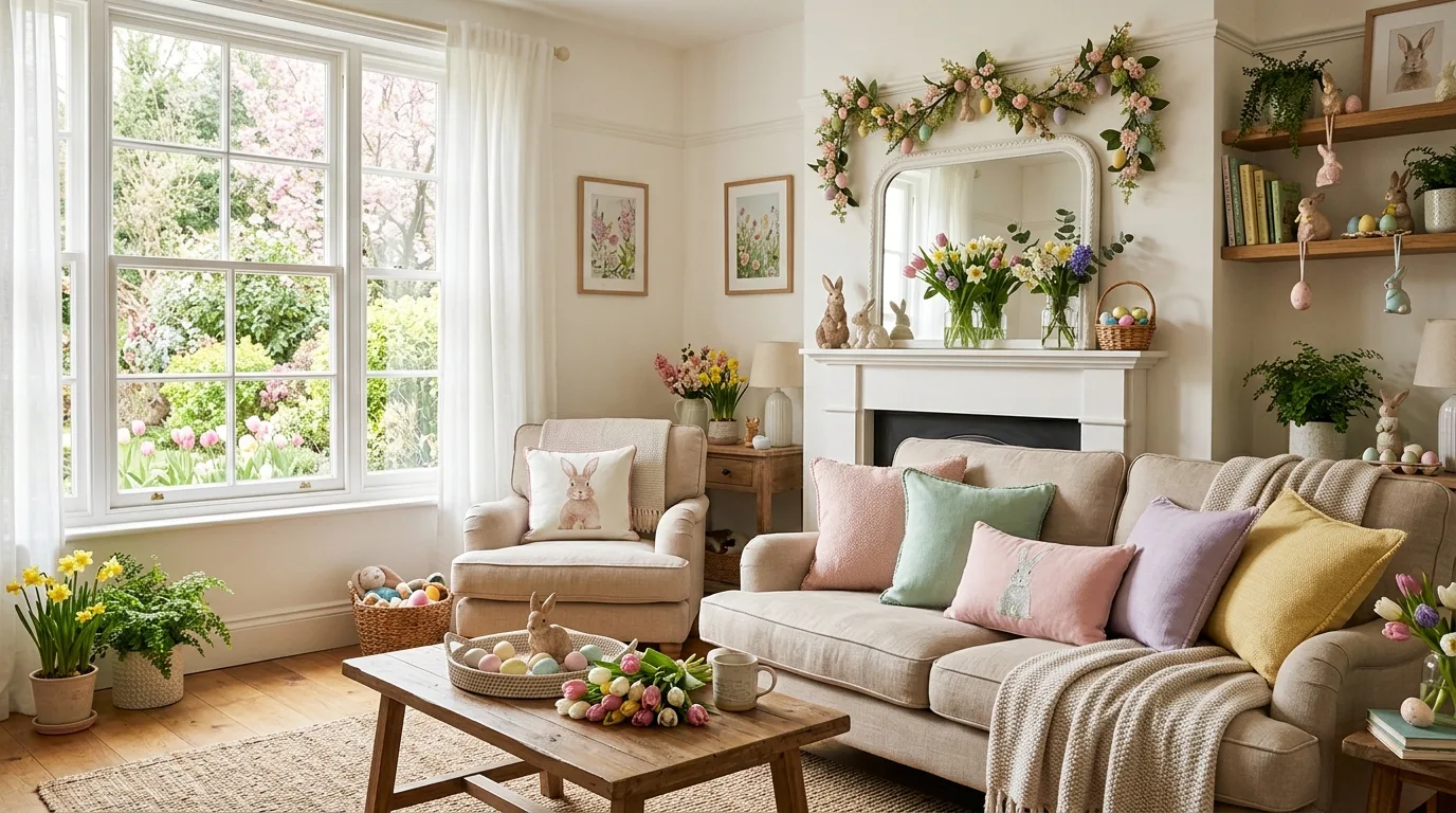 Pastel Easter living room setup with spring decor